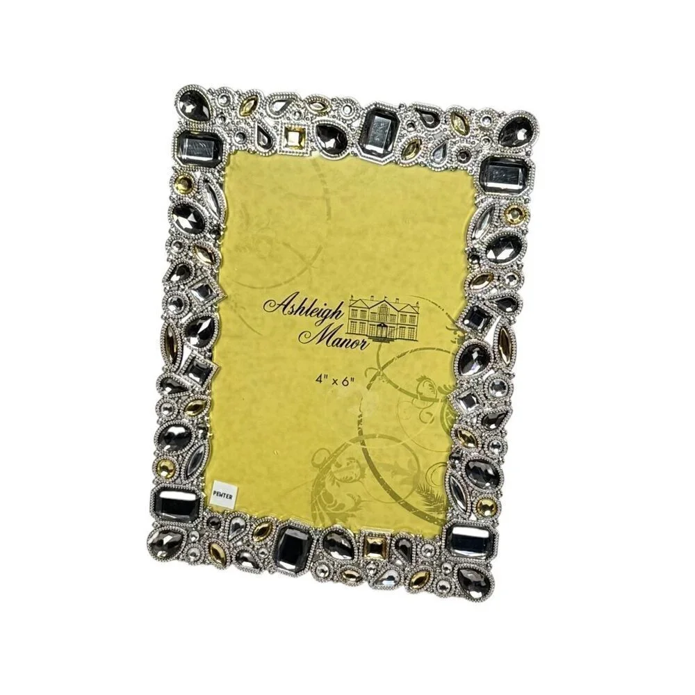 Ashleigh Manor Jeweled Photo Frame Metal Pewter Gemstone 4”x6”  Silver Gray
